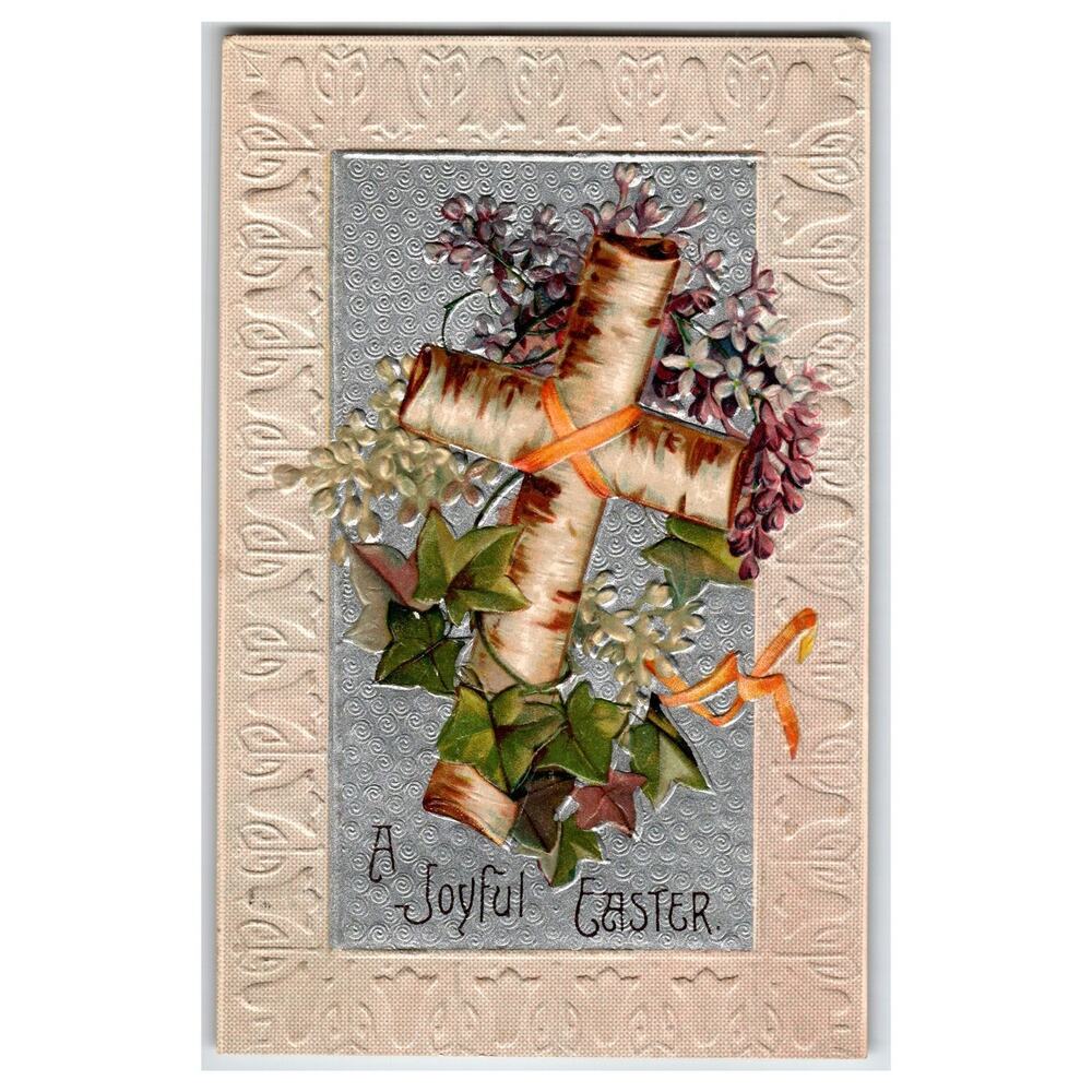 A Joyful Easter Embossed Birch Cross Lilacs 1909 Chicago Postmark Postcard